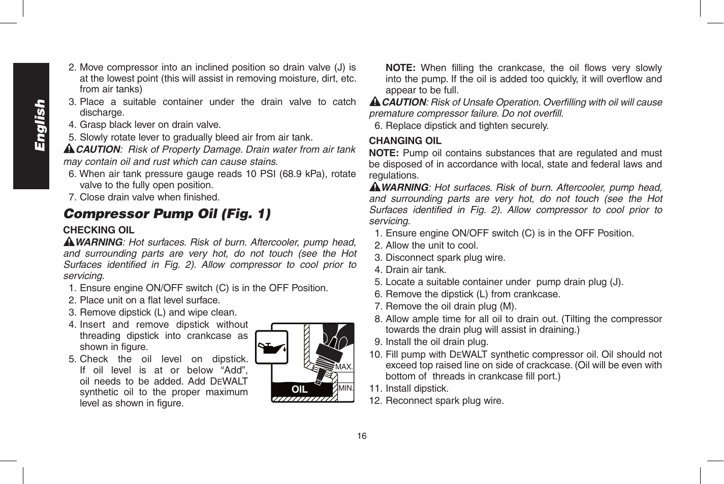 English, Compressor pump oil (fig. 1) | DeWalt D55273 User Manual | Page 16 / 80