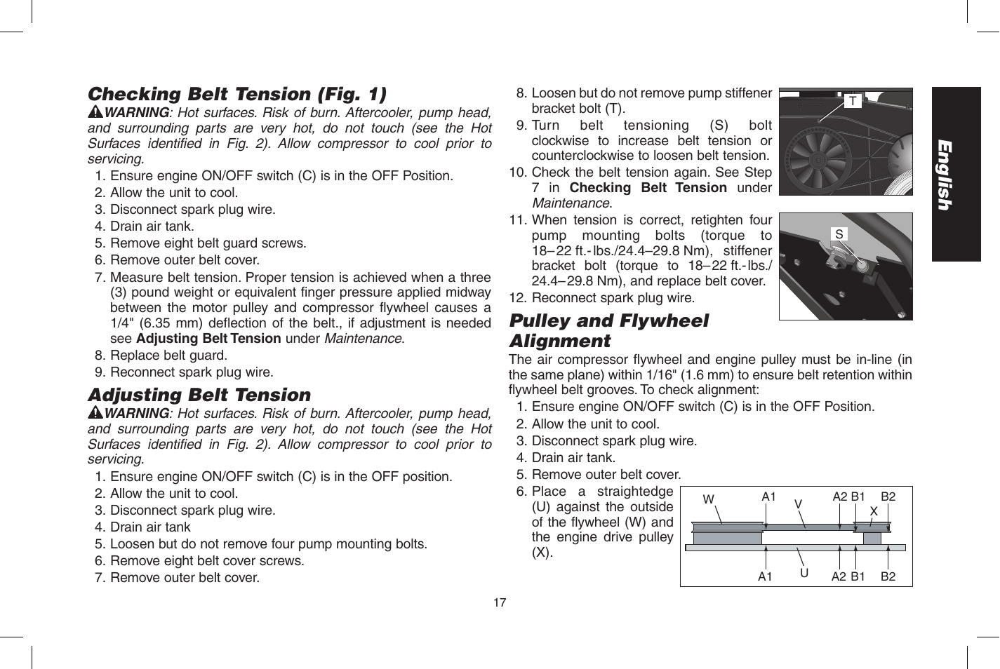 English checking belt tension (fig. 1), Adjusting belt tension, Pulley and fly wheel alignment | DeWalt D55273 User Manual | Page 17 / 80