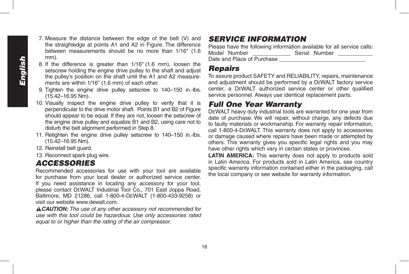 English, Accessories, Service information | Repairs, Full one year warranty | DeWalt D55273 User Manual | Page 18 / 80