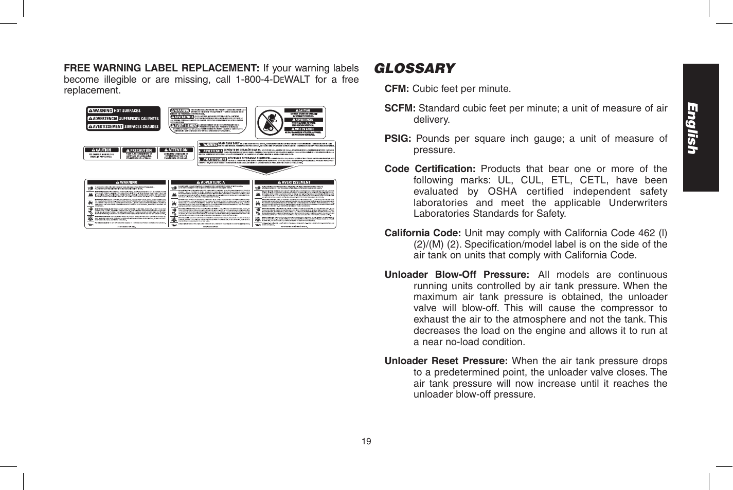 English, Glossary | DeWalt D55273 User Manual | Page 19 / 80