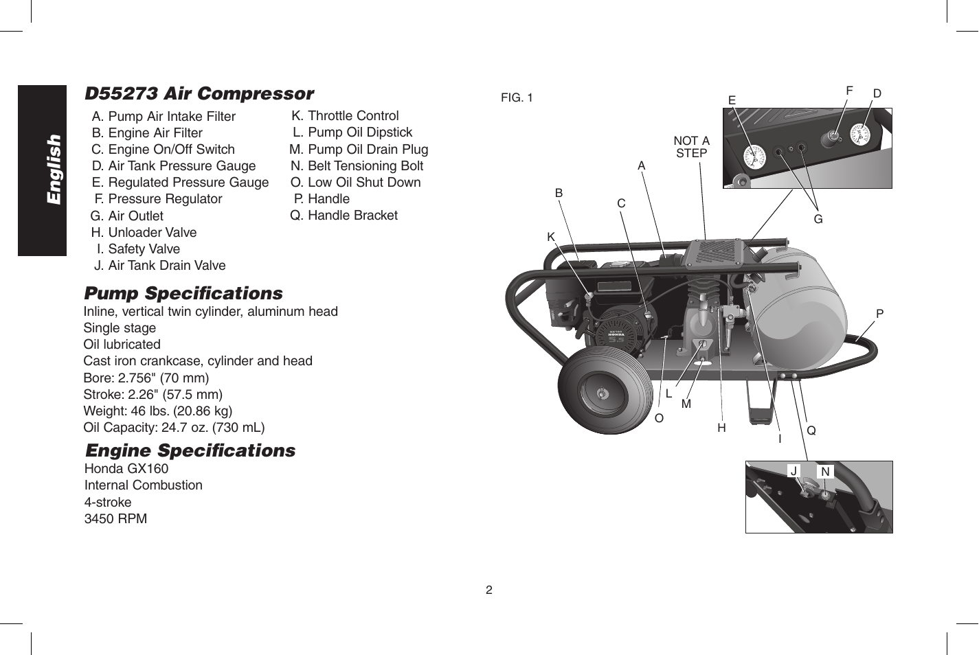 English, Pump specifi cations, Engine specifi cations | DeWalt D55273 User Manual | Page 2 / 80