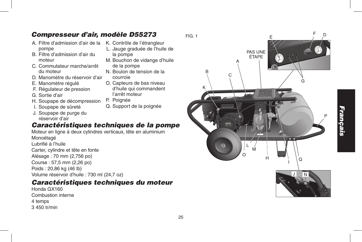 Français, Caractéristiques techniques de la pompe, Caractéristiques techniques du moteur | DeWalt D55273 User Manual | Page 25 / 80