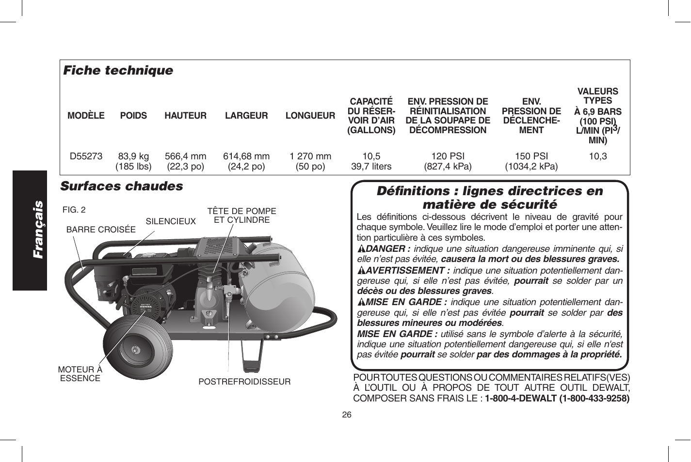 Français fiche technique, Surfaces chaudes | DeWalt D55273 User Manual | Page 26 / 80