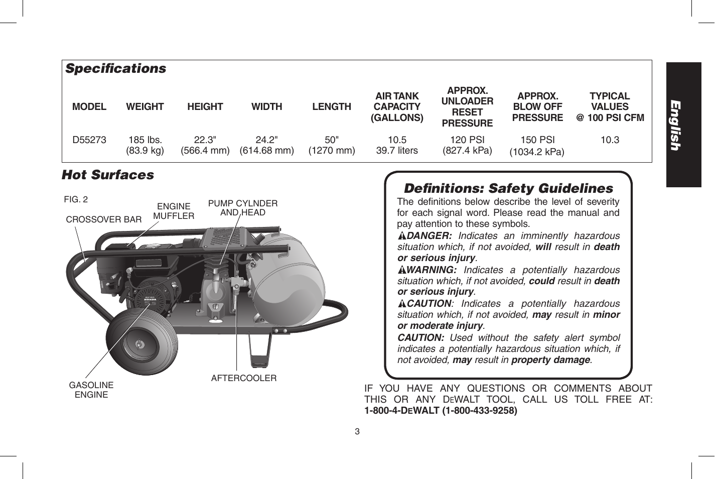 English specifi cations, Hot surfaces, Defi nitions: safety guidelines | DeWalt D55273 User Manual | Page 3 / 80