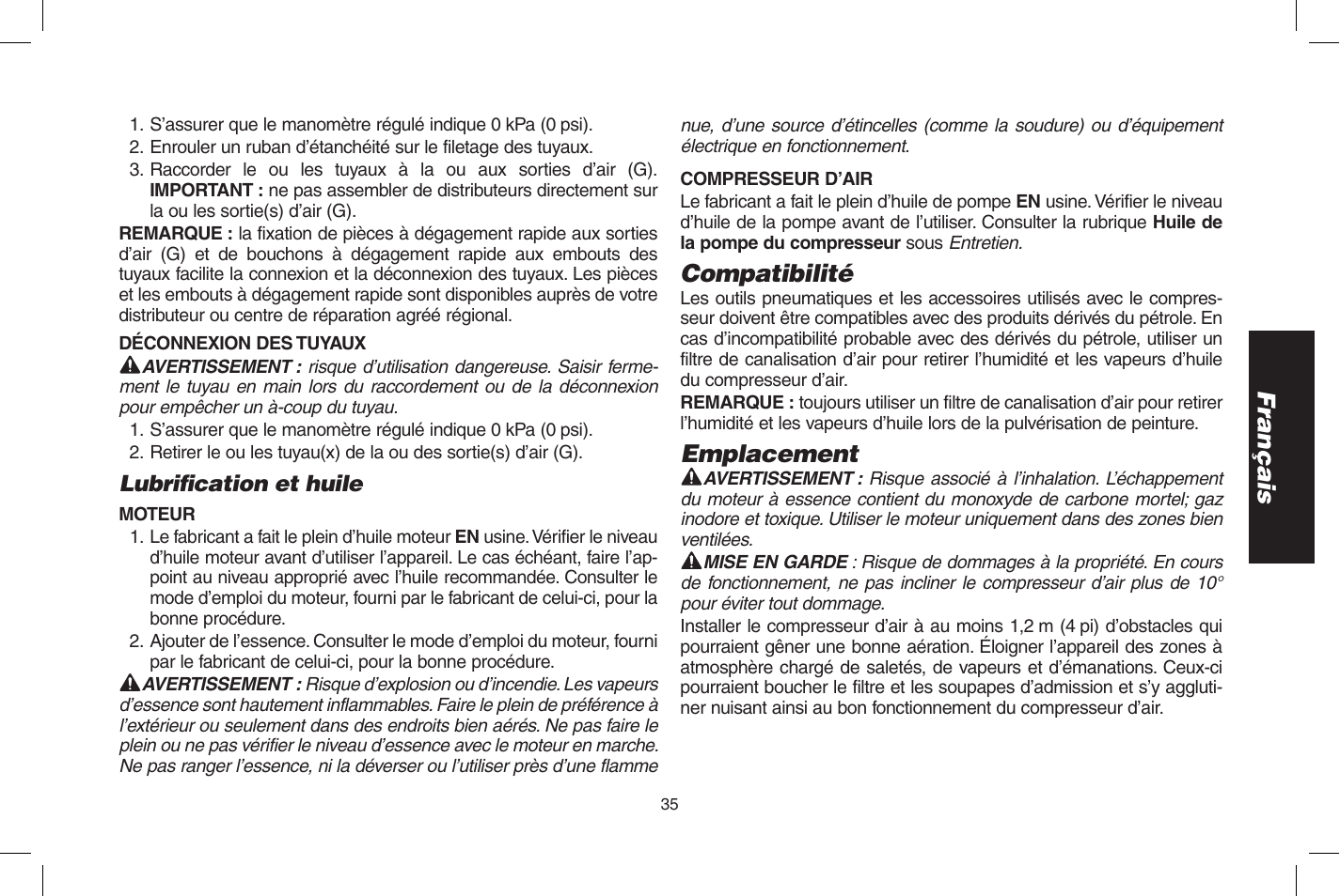Français, Compatibilité, Emplacement | DeWalt D55273 User Manual | Page 35 / 80