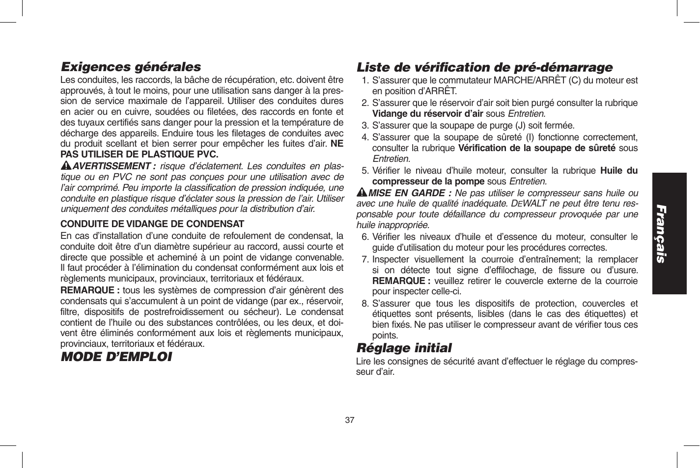 Français exigences générales, Réglage initial | DeWalt D55273 User Manual | Page 37 / 80
