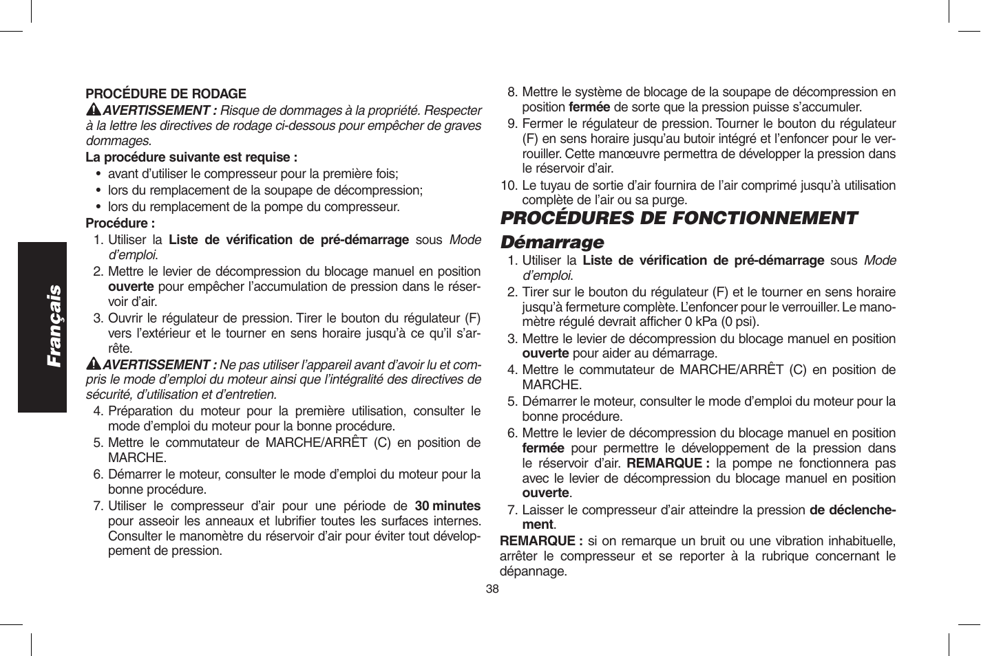 Français, Procédures de fonctionnement démarrage | DeWalt D55273 User Manual | Page 38 / 80