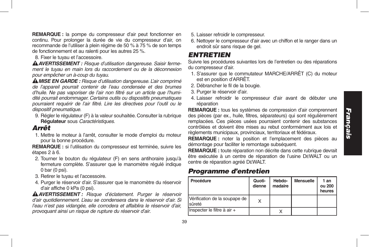 Français, Arrêt, Entretien | Programme d’entretien | DeWalt D55273 User Manual | Page 39 / 80