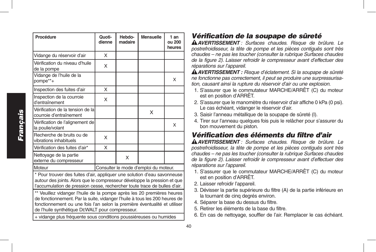 Français, Vérifi cation de la soupape de sûreté, Vérifi cation des éléments du fi ltre d’air | DeWalt D55273 User Manual | Page 40 / 80