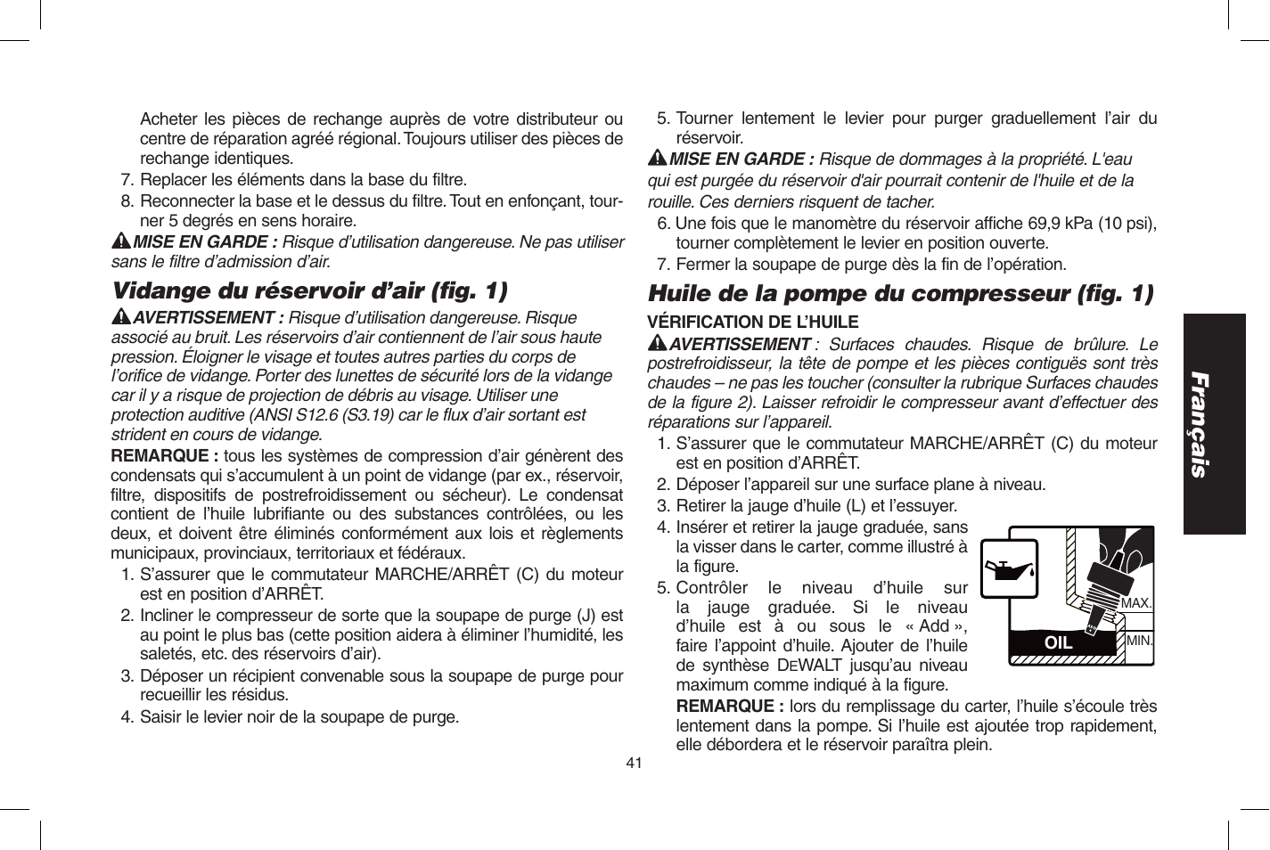 Français, Vidange du réservoir d’air (fi g. 1), Huile de la pompe du compresseur (fi g. 1) | DeWalt D55273 User Manual | Page 41 / 80