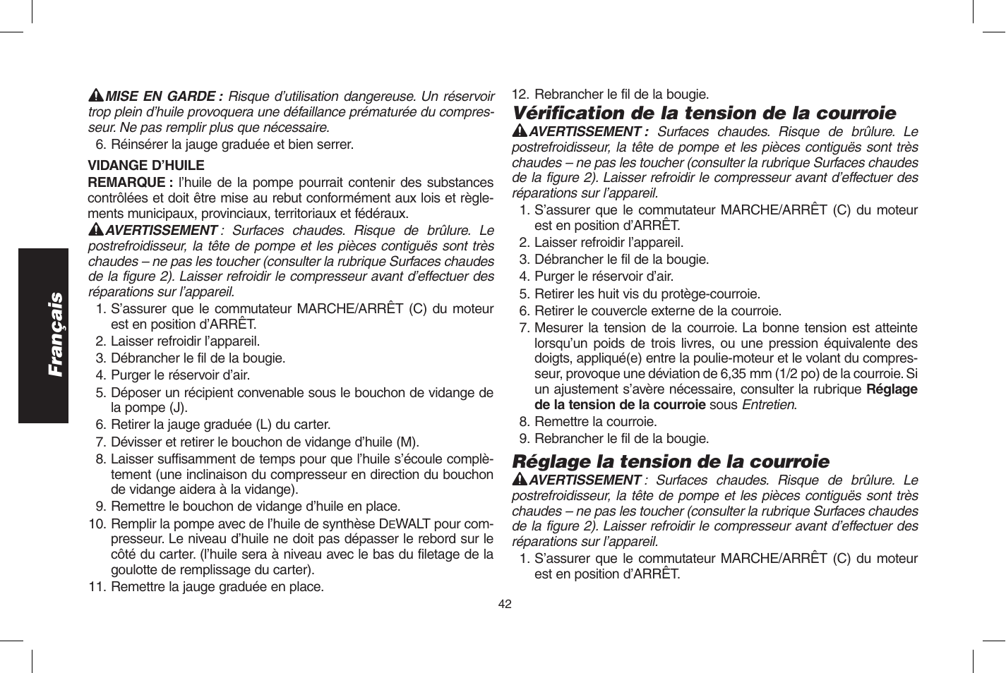 Français, Vérification de la tension de la courroie, Réglage la tension de la courroie | DeWalt D55273 User Manual | Page 42 / 80