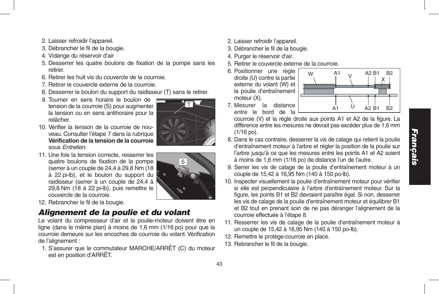 Français, Alignement de la poulie et du volant | DeWalt D55273 User Manual | Page 43 / 80