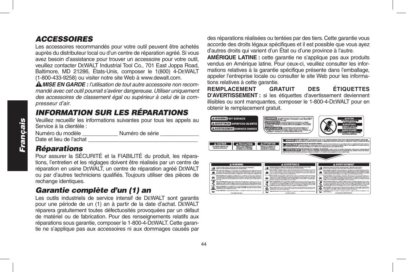 Français accessoires, Information sur les réparations, Réparations | Garantie complète d’un (1) an | DeWalt D55273 User Manual | Page 44 / 80