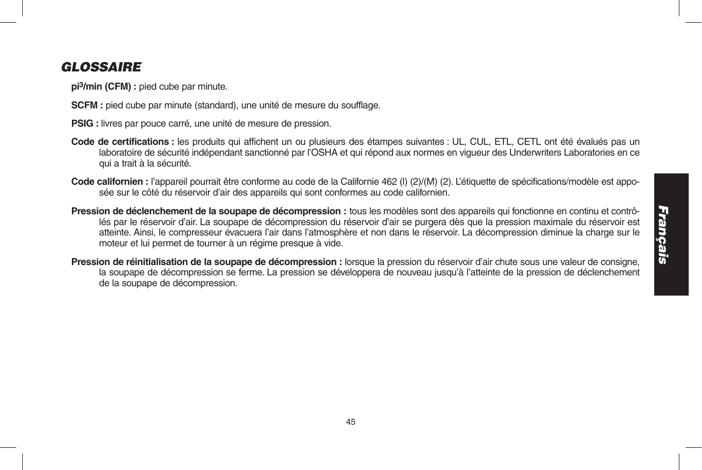 Français glossaire | DeWalt D55273 User Manual | Page 45 / 80