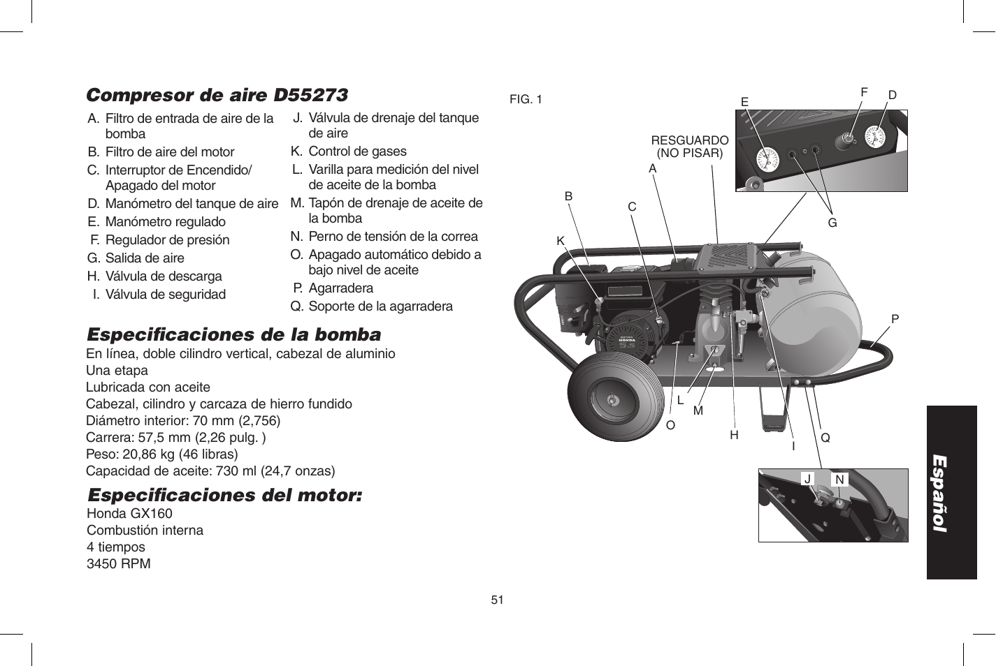Español, Especifi caciones de la bomba, Especifi caciones del motor | DeWalt D55273 User Manual | Page 51 / 80