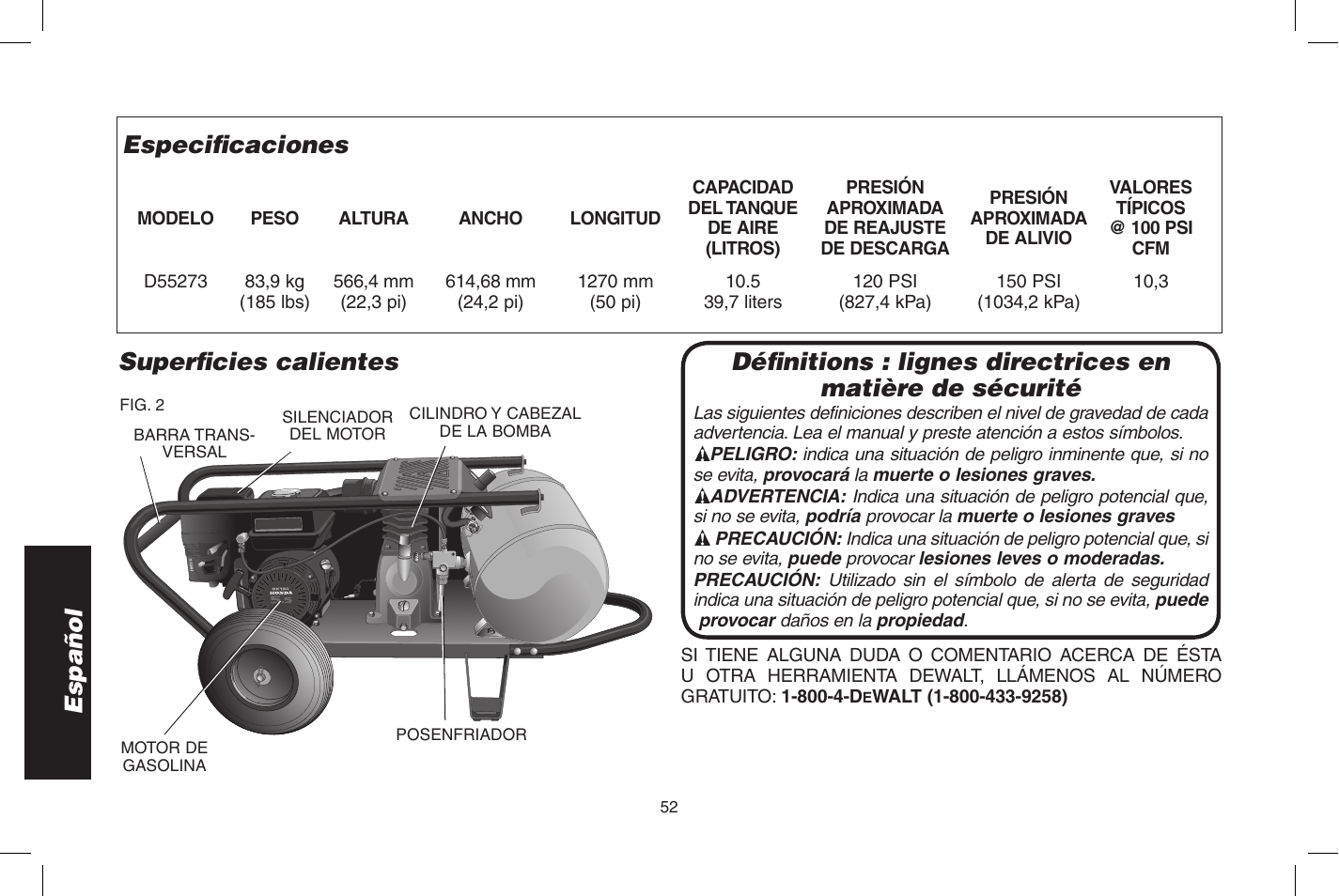Español especifi caciones, Superfi cies calientes | DeWalt D55273 User Manual | Page 52 / 80