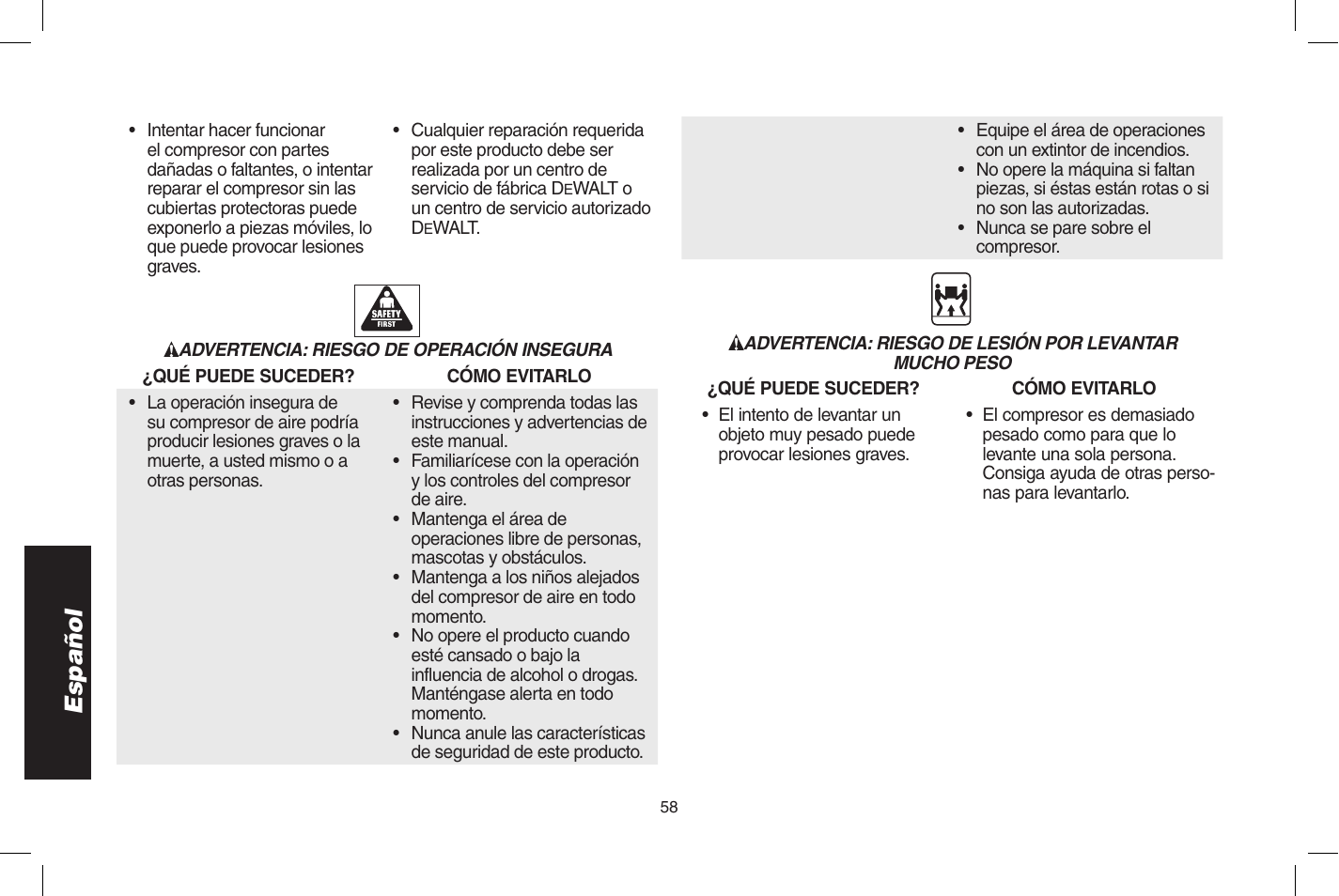 Español | DeWalt D55273 User Manual | Page 58 / 80