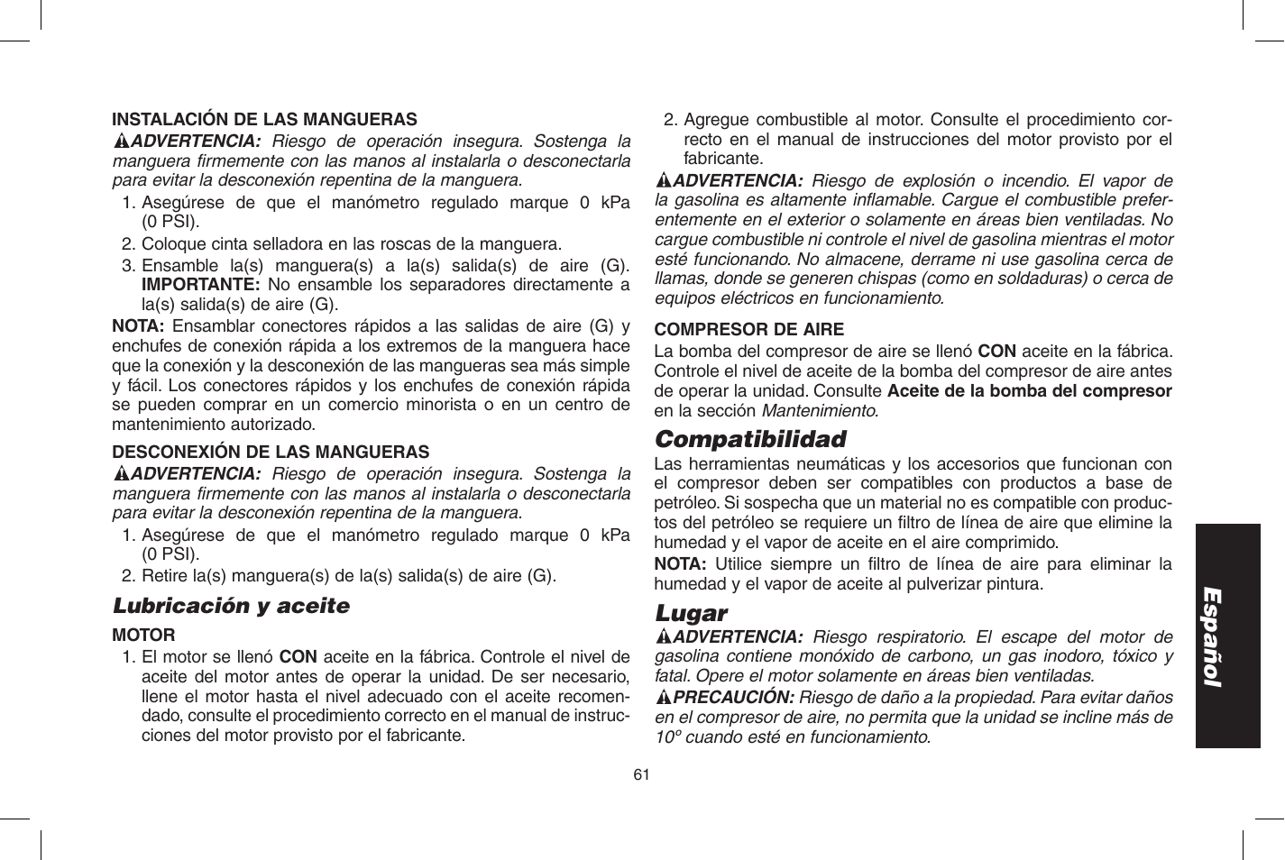 Español, Compatibilidad, Lugar | DeWalt D55273 User Manual | Page 61 / 80