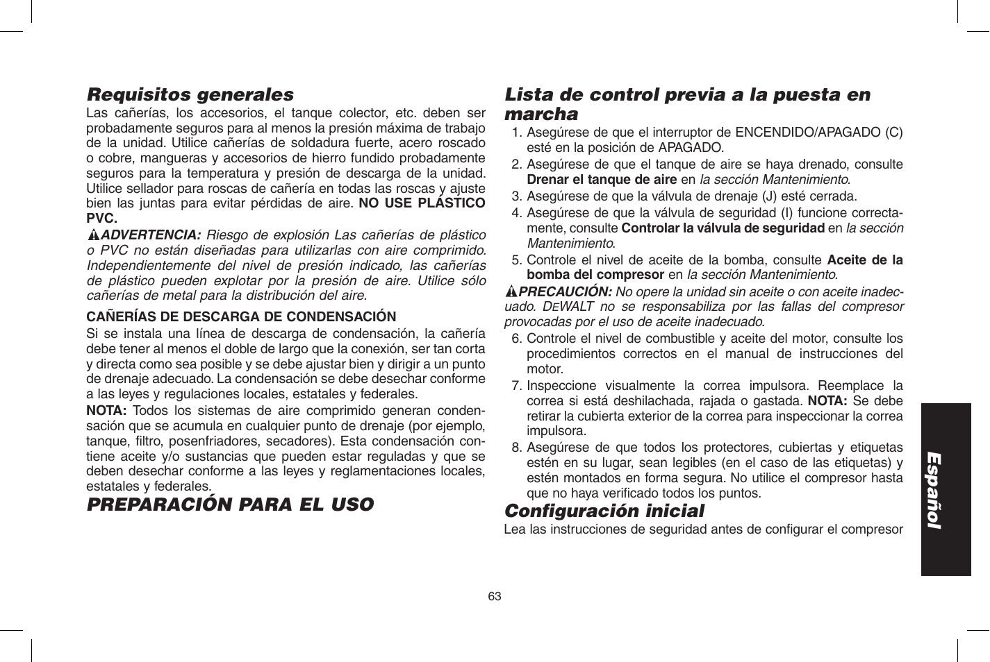 Español requisitos generales, Configuración inicial | DeWalt D55273 User Manual | Page 63 / 80