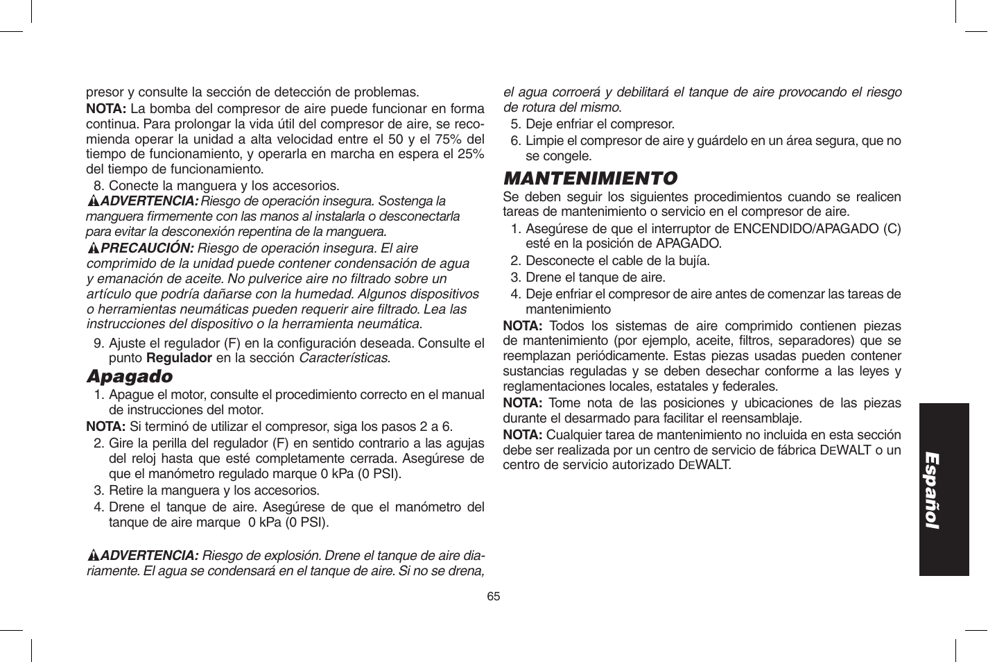 Español, Apagado, Mantenimiento | DeWalt D55273 User Manual | Page 65 / 80