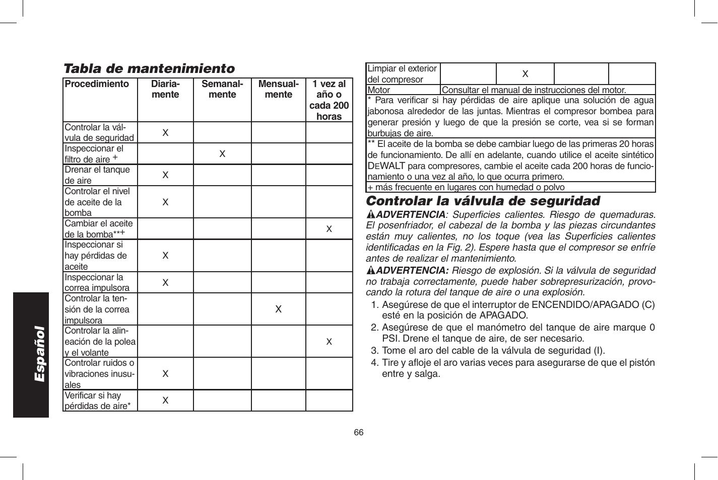 Español tabla de mantenimiento, Controlar la válvula de seguridad | DeWalt D55273 User Manual | Page 66 / 80