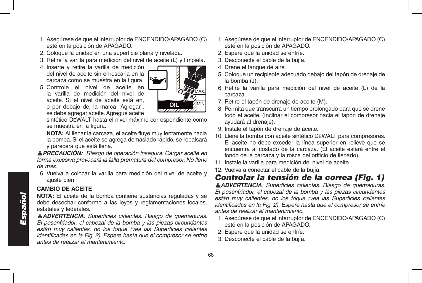 Español, Controlar la tensión de la correa (fig. 1) | DeWalt D55273 User Manual | Page 68 / 80