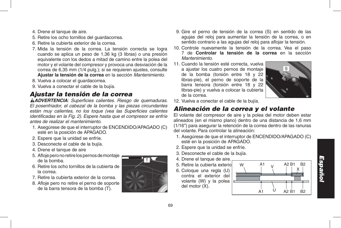 Español, Ajustar la tensión de la correa, Alineación de la correa y el volante | DeWalt D55273 User Manual | Page 69 / 80
