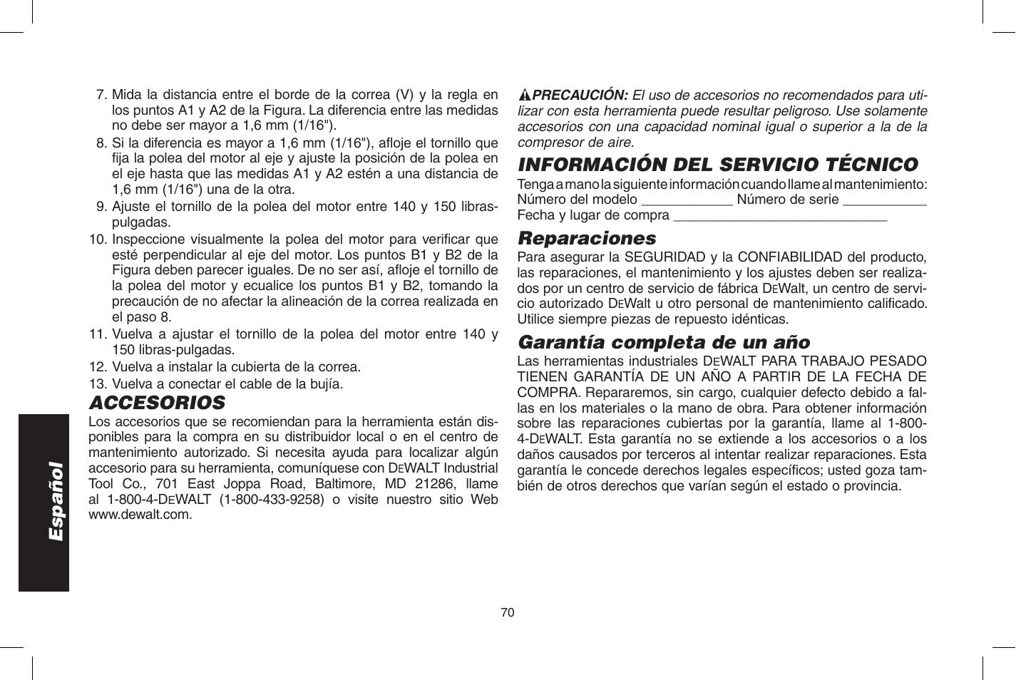 Español, Accesorios, Información del servicio técnico | Reparaciones, Garantía completa de un año | DeWalt D55273 User Manual | Page 70 / 80