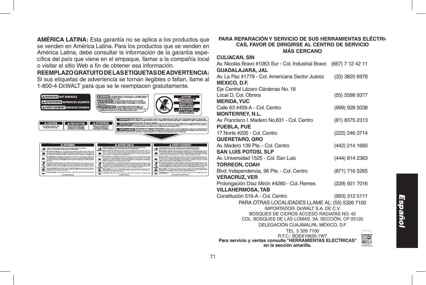 Español | DeWalt D55273 User Manual | Page 71 / 80