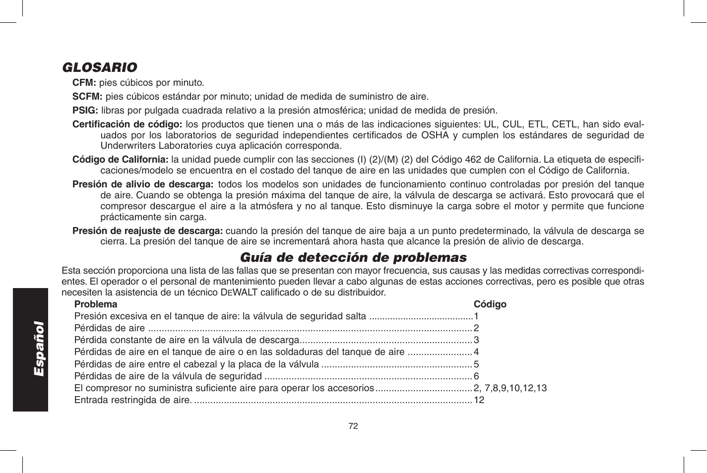 Español glosario, Guía de detección de problemas | DeWalt D55273 User Manual | Page 72 / 80