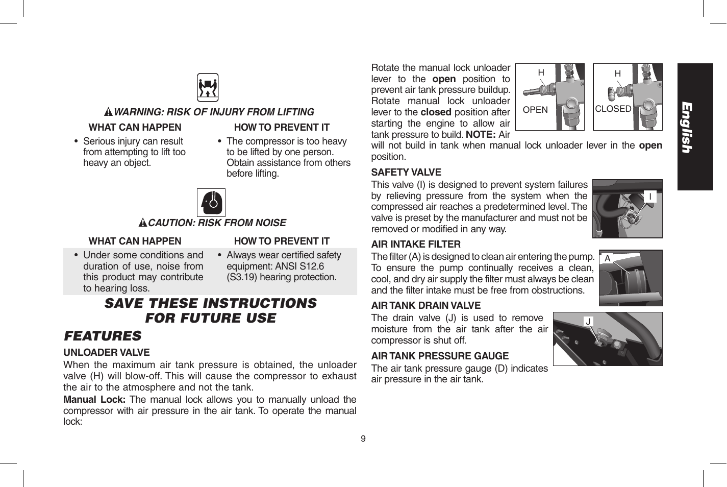 English, Save these instructions for future use features | DeWalt D55273 User Manual | Page 9 / 80
