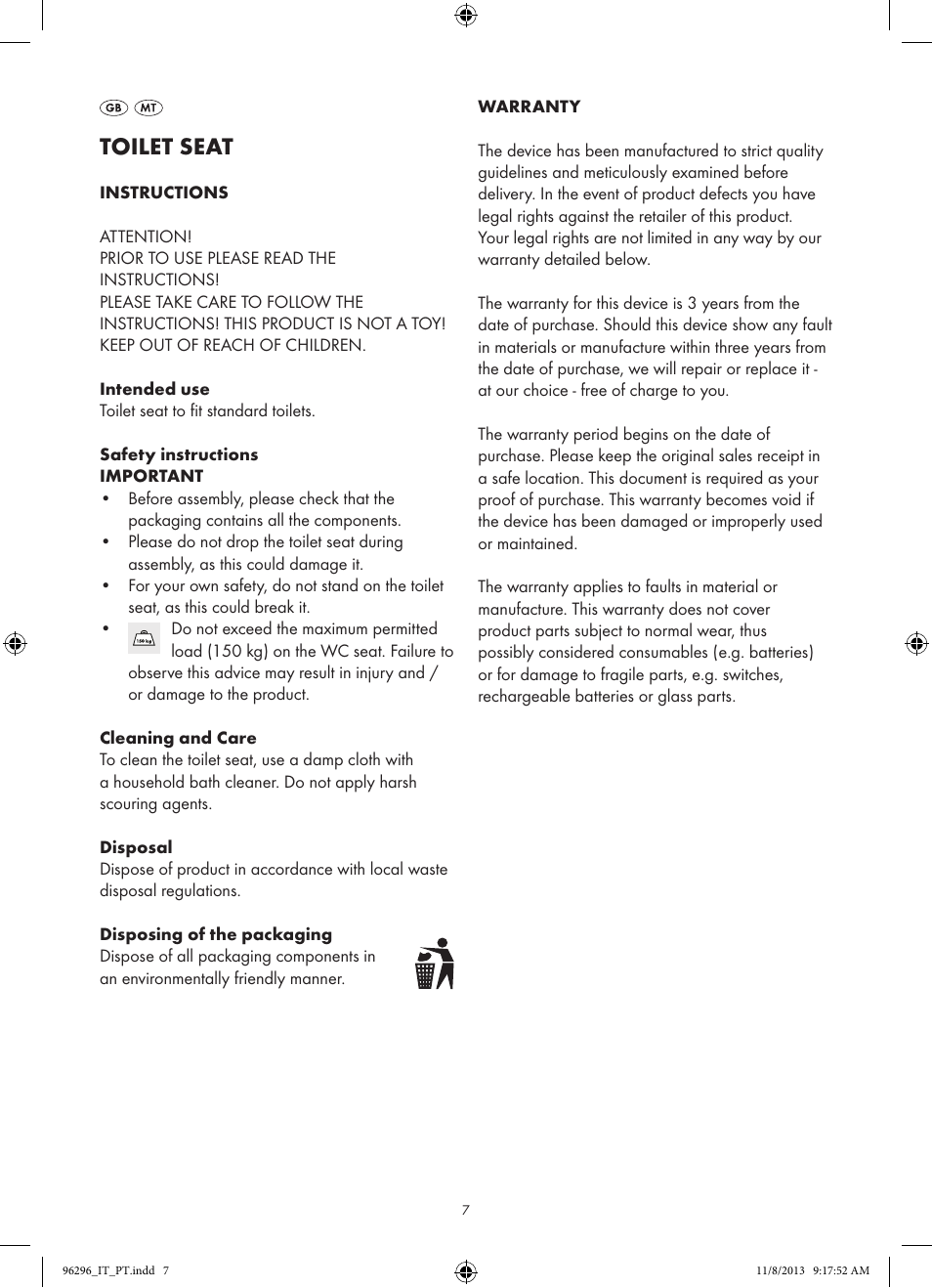 Toilet seat | Miomare Z31849A/ Z31849B/ Z31849C/ Z31849D User Manual | Page 7 / 9