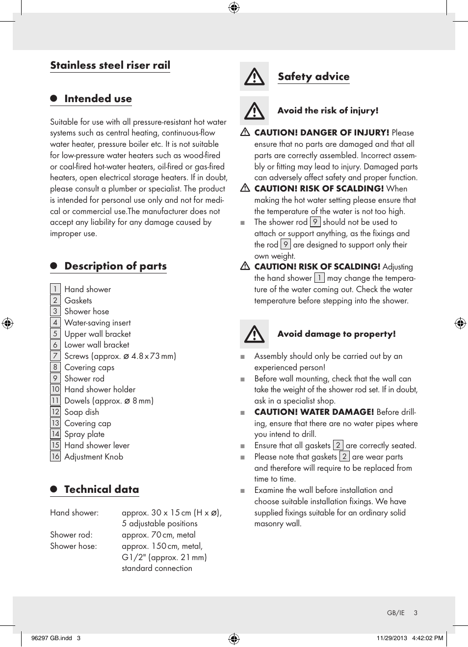Stainless steel riser rail, Intended use, Description of parts | Technical data, Safety advice | Miomare Z31996GB User Manual | Page 4 / 10