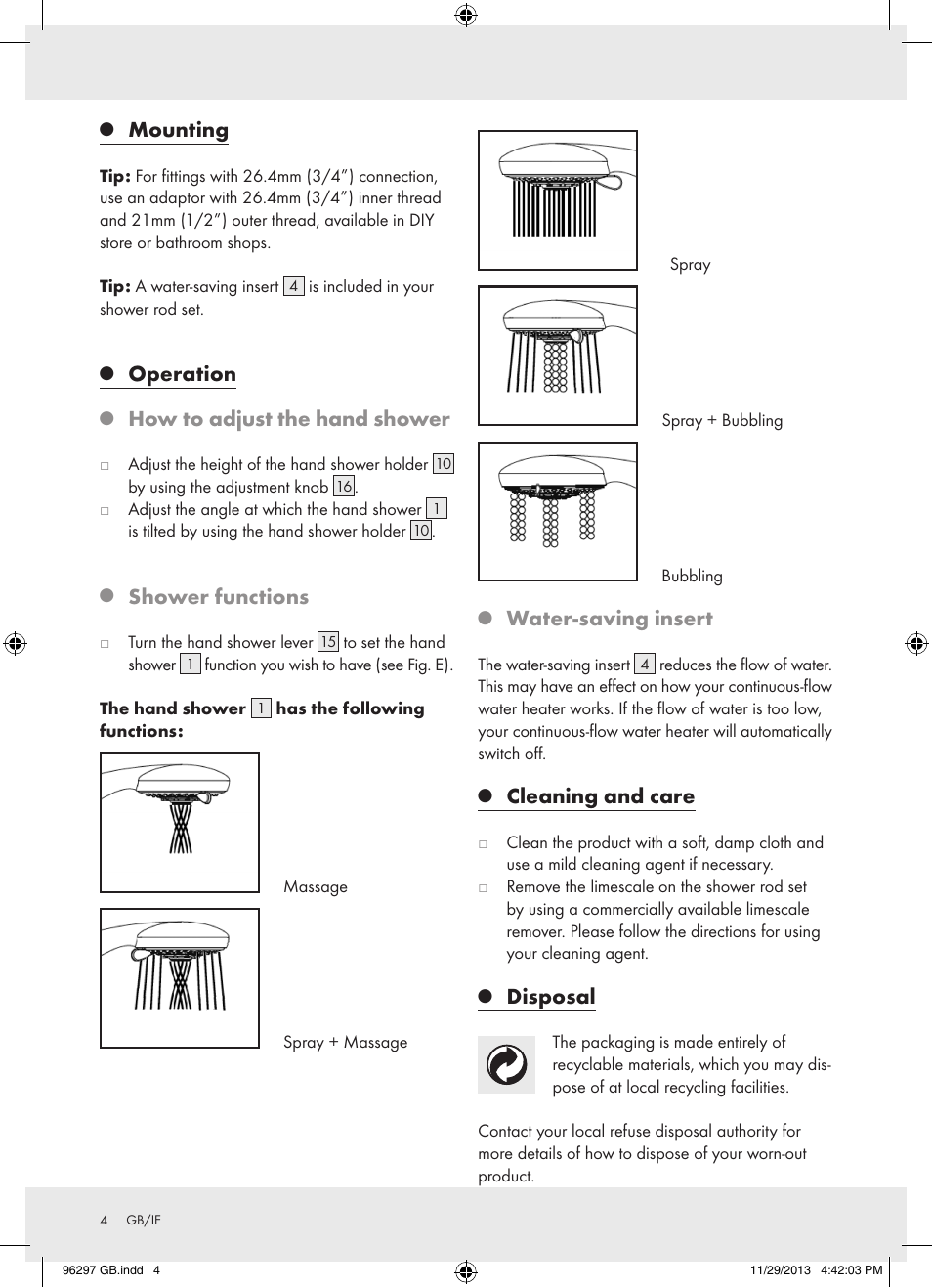 Mounting, Operation, How to adjust the hand shower | Shower functions, Water-saving insert, Cleaning and care, Disposal | Miomare Z31996GB User Manual | Page 5 / 10