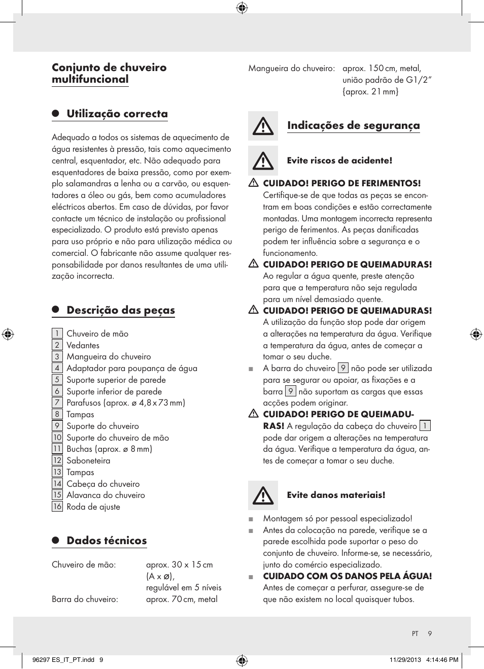 Conjunto de chuveiro multifuncional, Utilização correcta, Descrição das peças | Dados técnicos, Indicações de segurança | Miomare Z31996 User Manual | Page 10 / 22