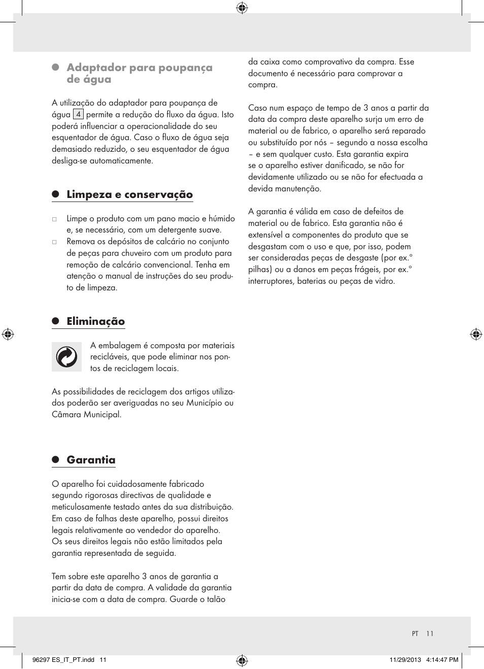 Adaptador para poupança de água, Limpeza e conservação, Eliminação | Garantia | Miomare Z31996 User Manual | Page 12 / 22