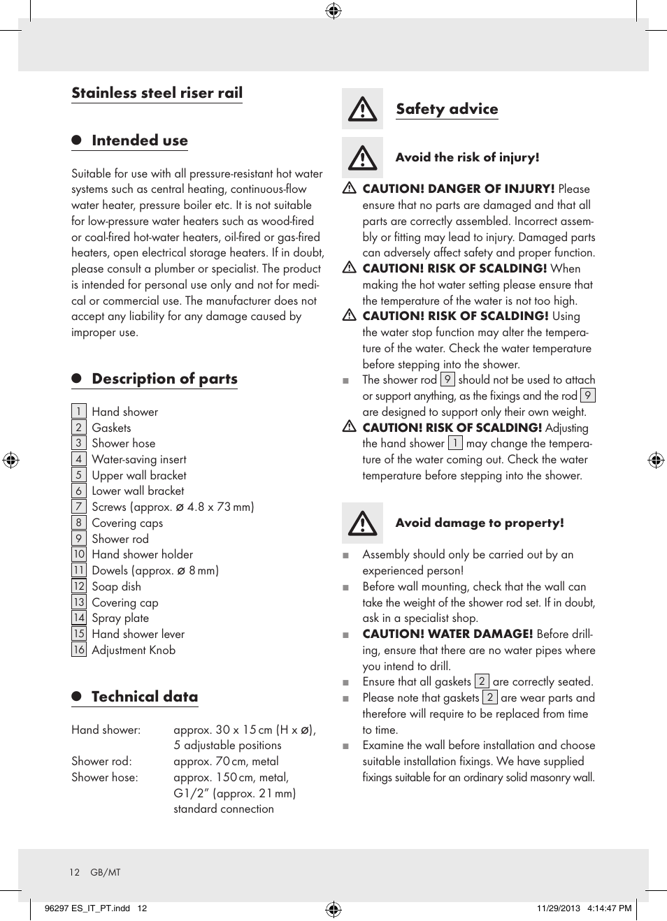 Stainless steel riser rail, Intended use, Description of parts | Technical data, Safety advice | Miomare Z31996 User Manual | Page 13 / 22
