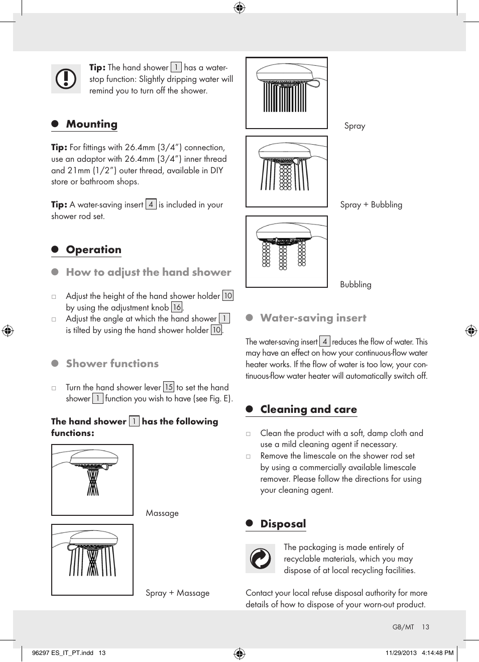 Mounting, Operation, How to adjust the hand shower | Shower functions, Water-saving insert, Cleaning and care, Disposal | Miomare Z31996 User Manual | Page 14 / 22