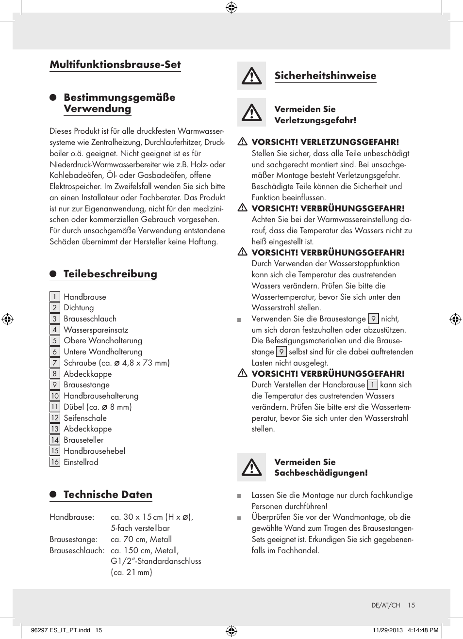 Teilebeschreibung, Technische daten, Sicherheitshinweise | Miomare Z31996 User Manual | Page 16 / 22