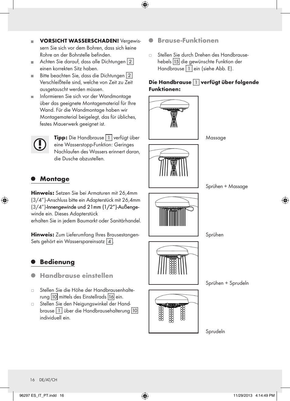 Montage, Bedienung, Handbrause einstellen | Brause-funktionen | Miomare Z31996 User Manual | Page 17 / 22
