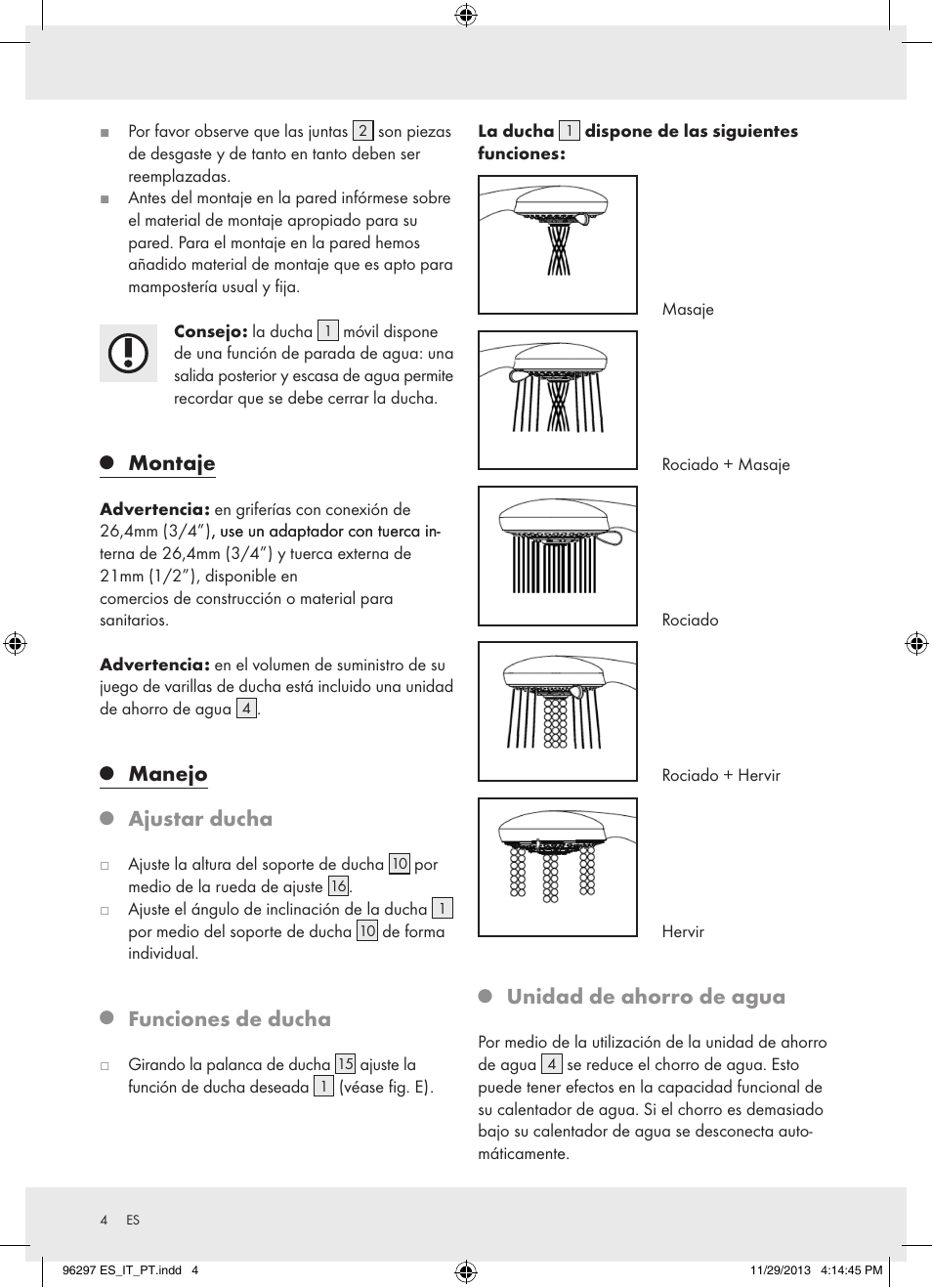 Montaje, Manejo, Ajustar ducha | Funciones de ducha, Unidad de ahorro de agua | Miomare Z31996 User Manual | Page 5 / 22