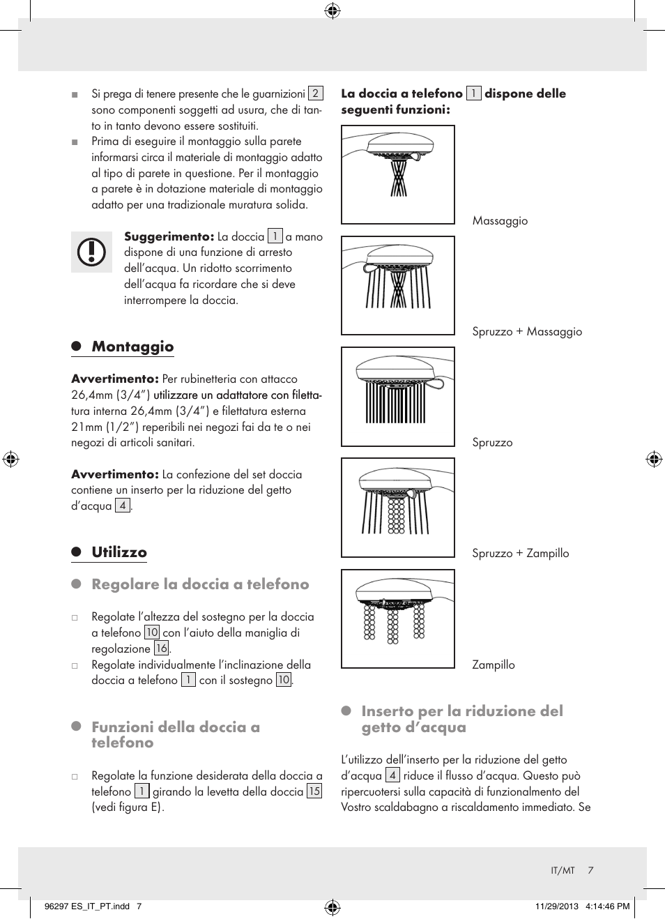 Montaggio, Utilizzo, Regolare la doccia a telefono | Funzioni della doccia a telefono, Inserto per la riduzione del getto d’acqua | Miomare Z31996 User Manual | Page 8 / 22