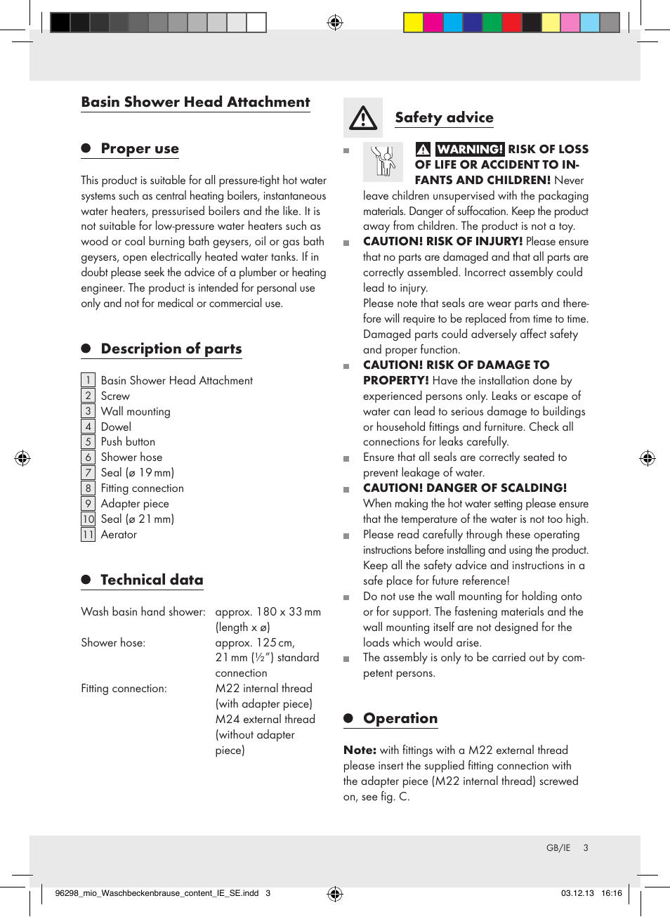 Basin shower head attachment proper use, Description of parts, Technical data | Safety advice, Operation | Miomare Z31386 User Manual | Page 3 / 11