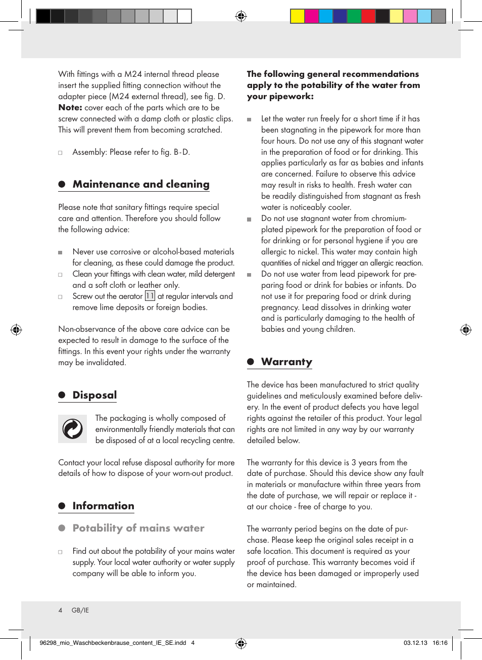 Maintenance and cleaning, Disposal, Information potability of mains water | Warranty | Miomare Z31386 User Manual | Page 4 / 11