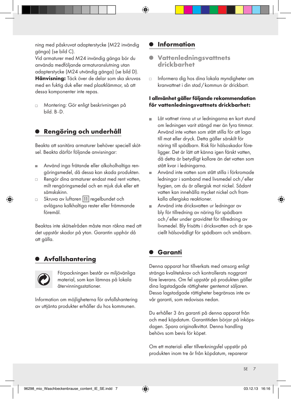 Rengöring och underhåll, Avfallshantering, Information vattenledningsvattnets drickbarhet | Garanti | Miomare Z31386 User Manual | Page 7 / 11