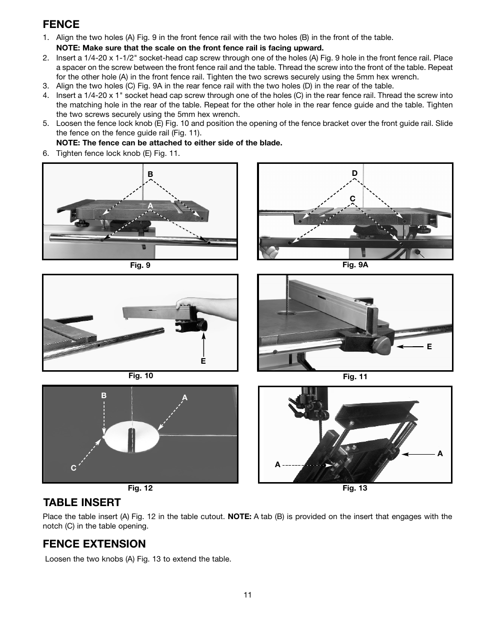 Fence, Table insert, Fence extension | Delta 28-682 User Manual | Page 11 / 20