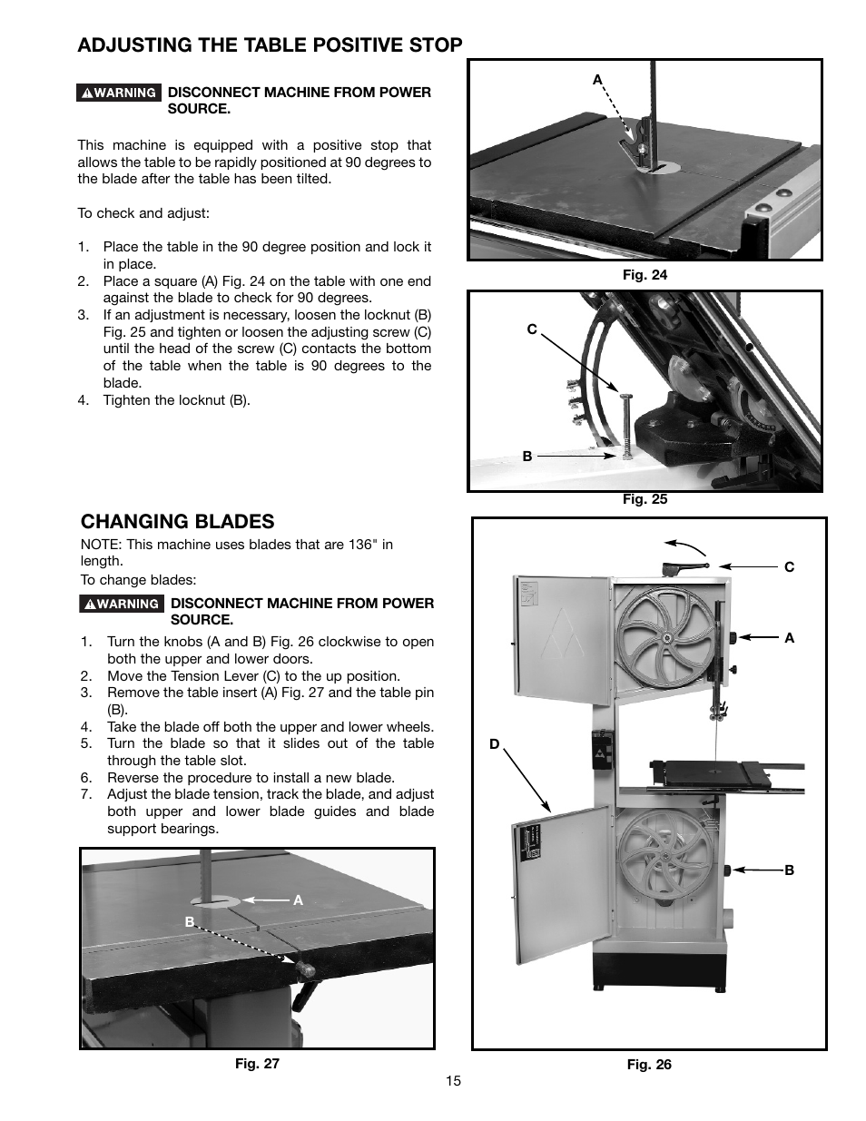 Adjusting the table positive stop, Changing blades | Delta 28-682 User Manual | Page 15 / 20