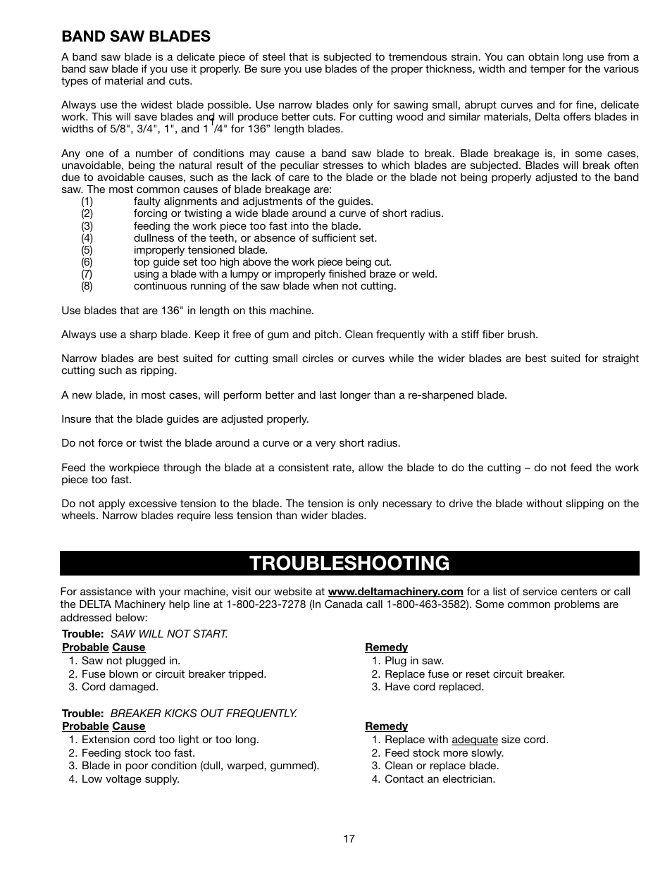 Troubleshooting, Band saw blades | Delta 28-682 User Manual | Page 17 / 20