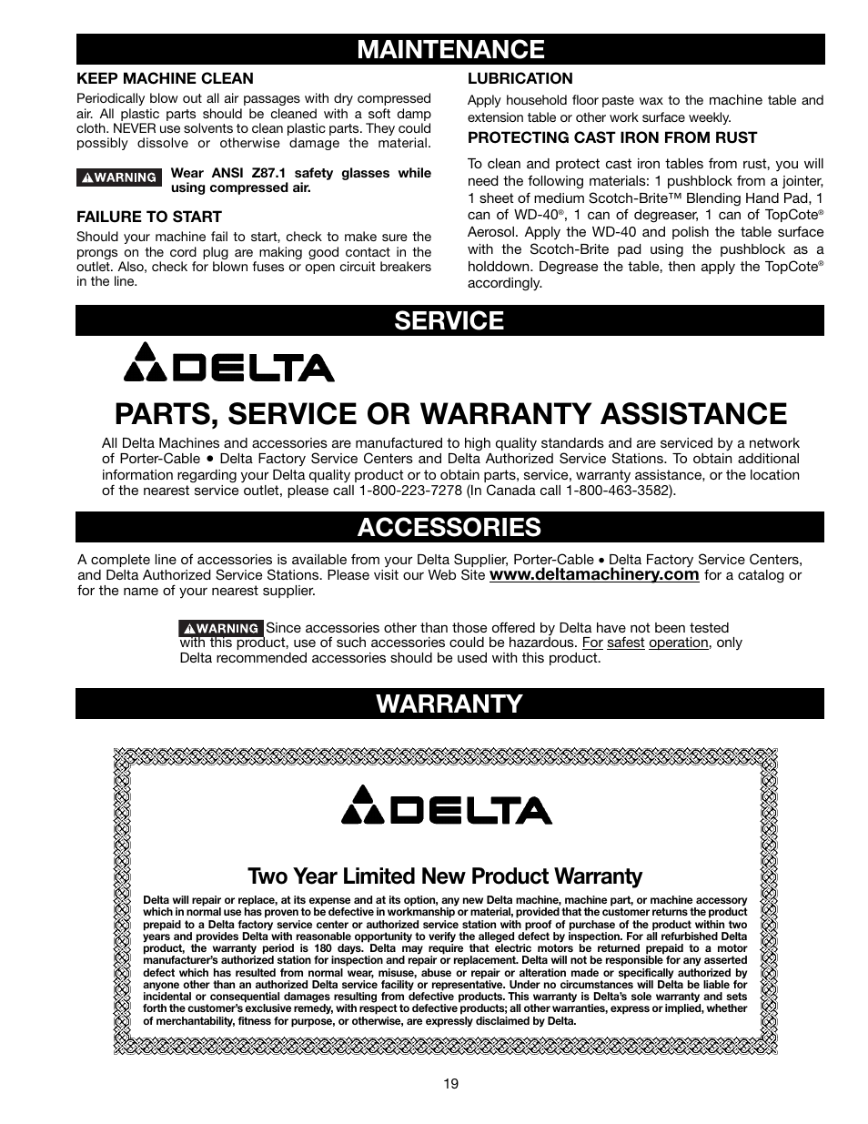 Parts, service or warranty assistance, Maintenance, Accessories | Service warranty, Two year limited new product warranty | Delta 28-682 User Manual | Page 19 / 20