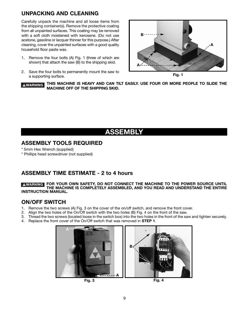 Assembly, Unpacking and cleaning, On/off switch | Delta 28-682 User Manual | Page 9 / 20